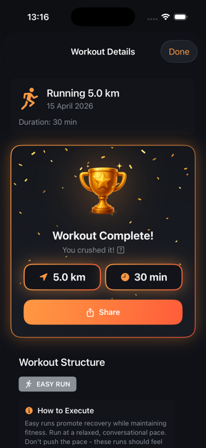 Crusd workout complete celebration with star trophy and streak counter