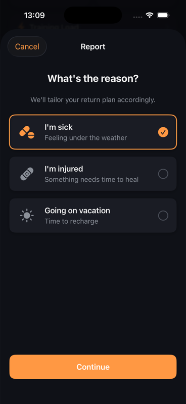Crusd Take a Break showing reason selection: sick, injured, or vacation