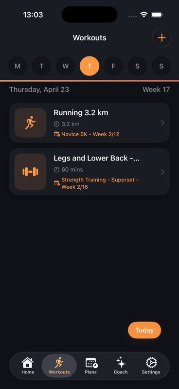 Crusd workouts view showing running and strength training scheduled for the day