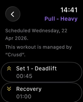 Workout details with sets, reps and recovery timers on Apple Watch