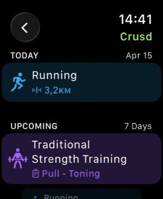 Today's running and strength workouts scheduled on Apple Watch